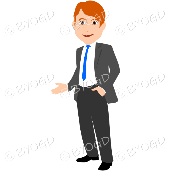 Man with red hair in grey business suit with blue tie