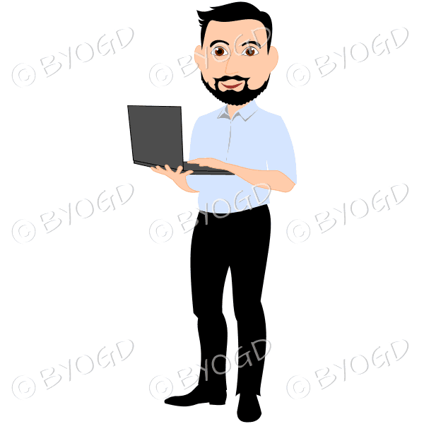 Business man with dark/black hair and beard holding computer in blue shirt