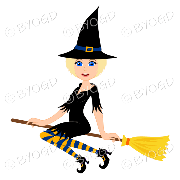 Halloween witch with short blonde hair on broomstick in black with yellow and blue stockings