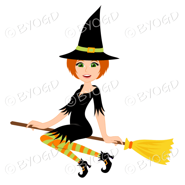 Halloween witch with short red hair on broomstick in black with green and orange stockings