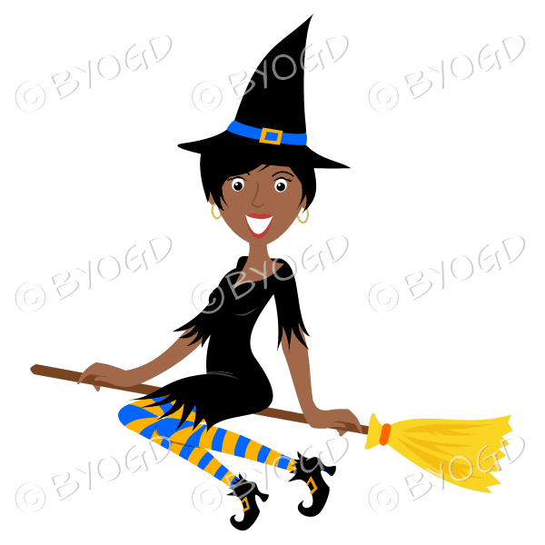 Halloween witch with short black hair on broomstick in black with yellow and blue stockings