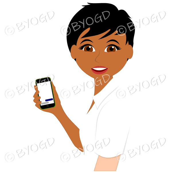 Woman with short black hair using green mobile phone