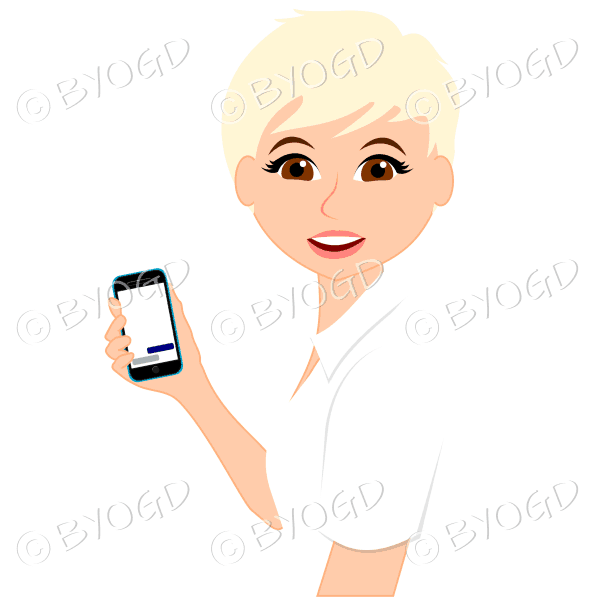 Woman with short blonde hair using light blue mobile phone