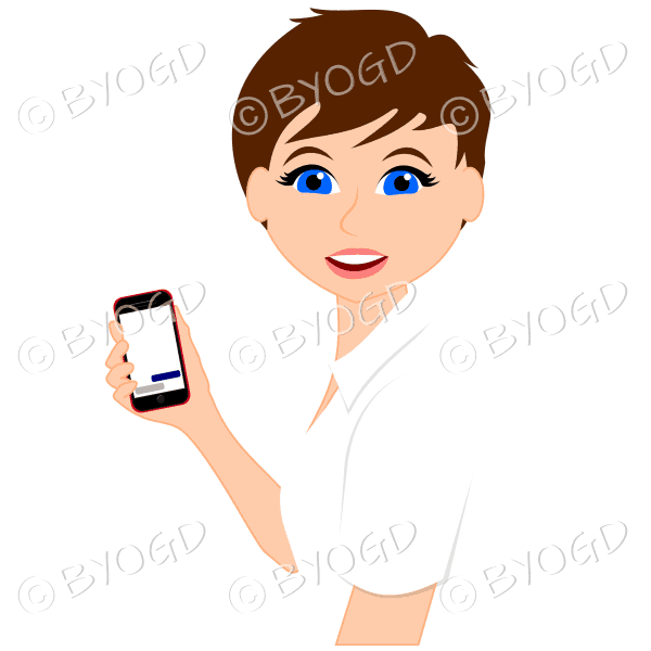 Woman with short brown hair using red mobile phone