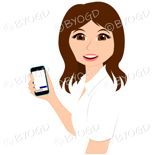 Woman with long brown hair using light blue mobile phone