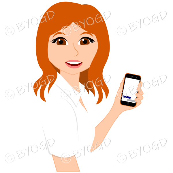 Woman with long red hair using orange mobile phone