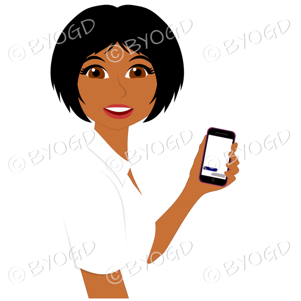 Woman with short black hair using pink mobile phone