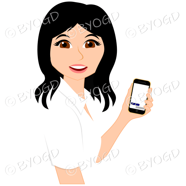 Woman with long black hair using yellow mobile phone