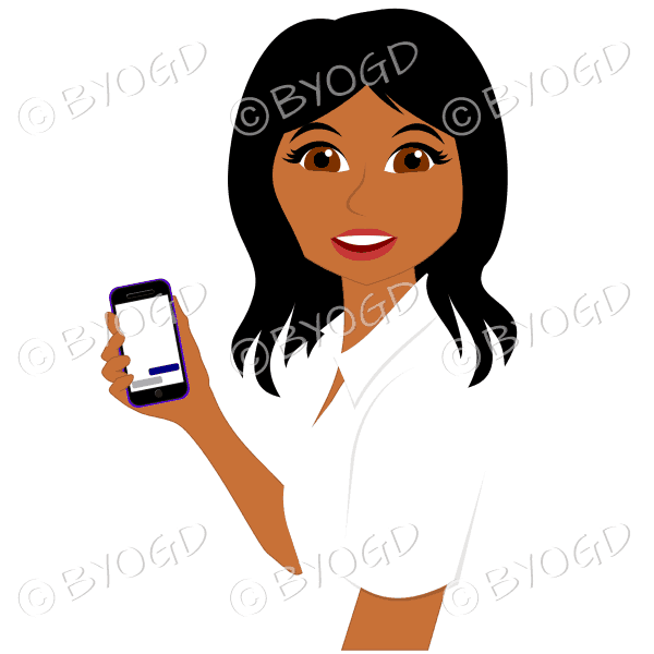 Woman with long black hair using purple mobile phone