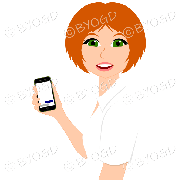 Woman with short red hair using green mobile phone
