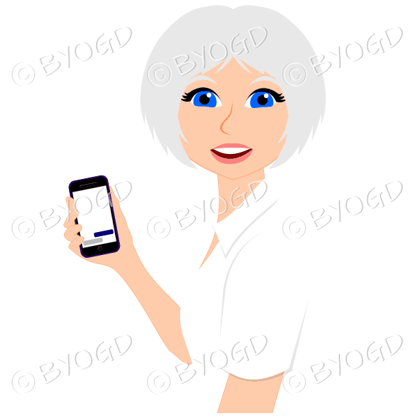 Woman with short silver/grey hair using purple mobile phone