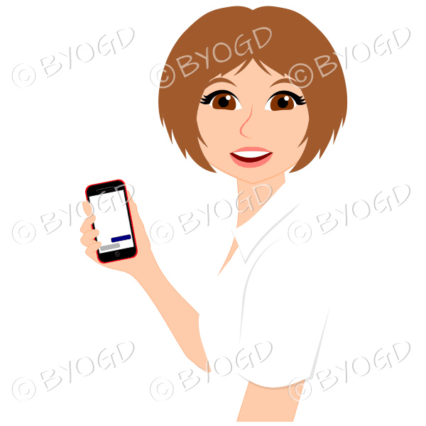 Woman with short light brown hair using red mobile phone