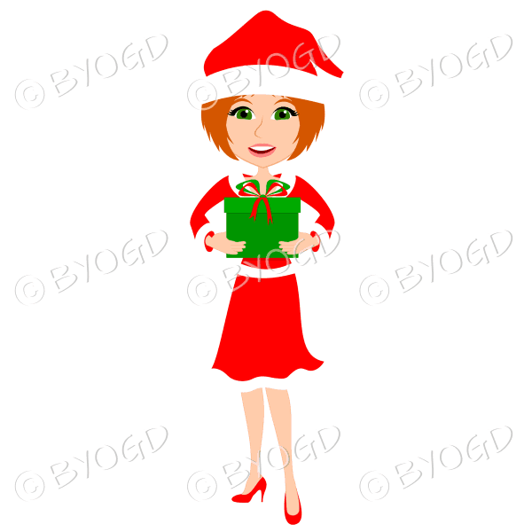 Christmas woman Santa holding a gift - with medium length red hair