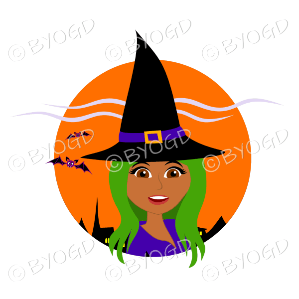 Halloween witch with long green hair in orange circle