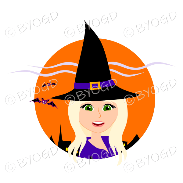 Halloween witch with long blonde hair in orange circle
