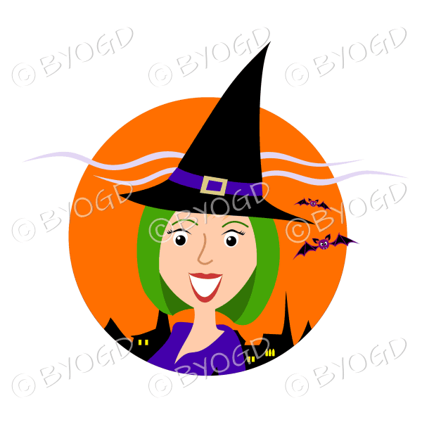 Halloween witch with green hair in orange circle