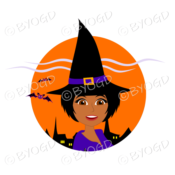 Halloween witch with short black hair in orange circle