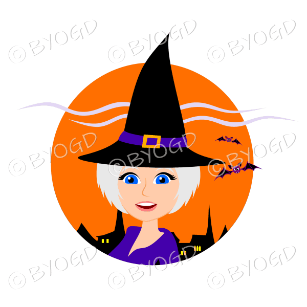 Halloween witch with short silver/grey hair in orange circle