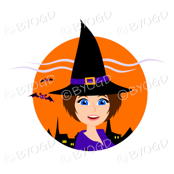 Halloween witch with short brown hair and blue eyes in orange circle