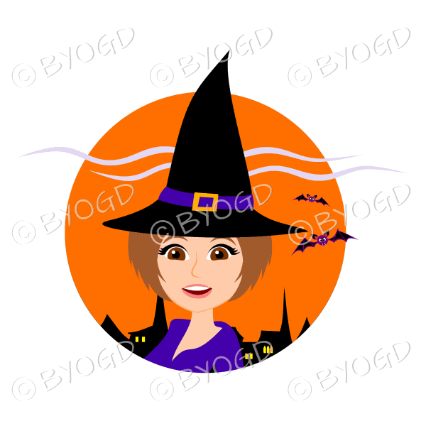 Halloween witch with brown hair and eyes in orange circle