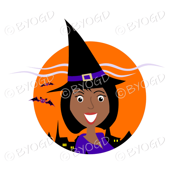 Halloween witch with black hair in orange circle
