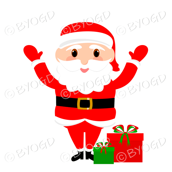 Santa Father Christmas big eyes waving both arms with gifts