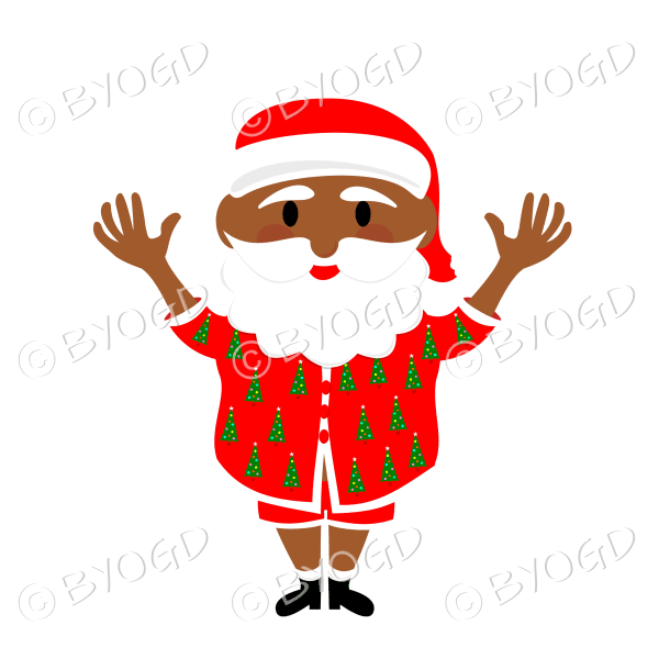 Dark skinned Australian Aussie Summer Santa Father Christmas waving both arms