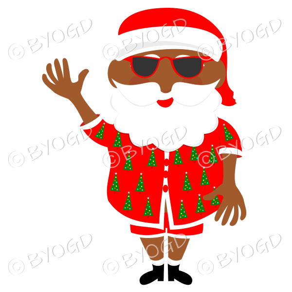 Dark skinned Australian Aussie Summer Santa Father Christmas waving in sunglasses