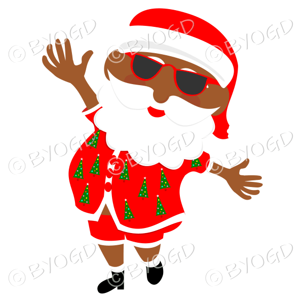 Dark skinned Australian Aussie Summer Santa Father Christmas dancing in sunglasses