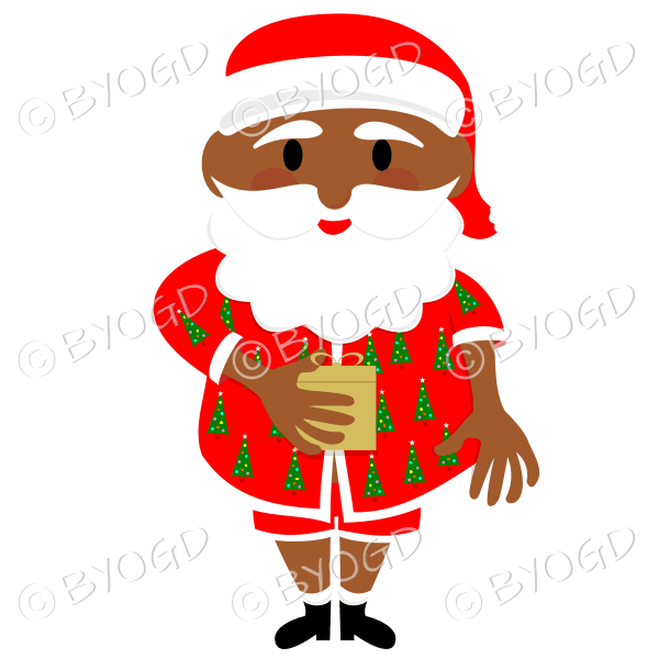Dark skinned Australian Aussie Summer Santa Father Christmas with gift