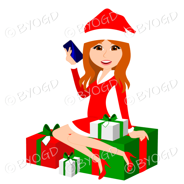 Female Christmas Santa with long red ginger hair sitting on red and green gifts