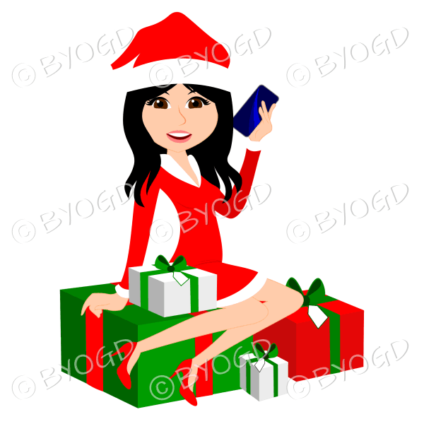 Female Christmas Santa with long black hair sitting on red and green gifts