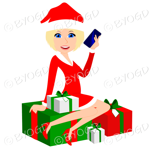 Female Christmas Santa with medium length blonde hair and blue eyes sitting on red and green gifts