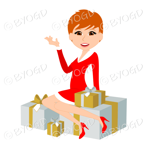 Christmas woman Santa with short red ginger hair sitting on silver and gold gifts