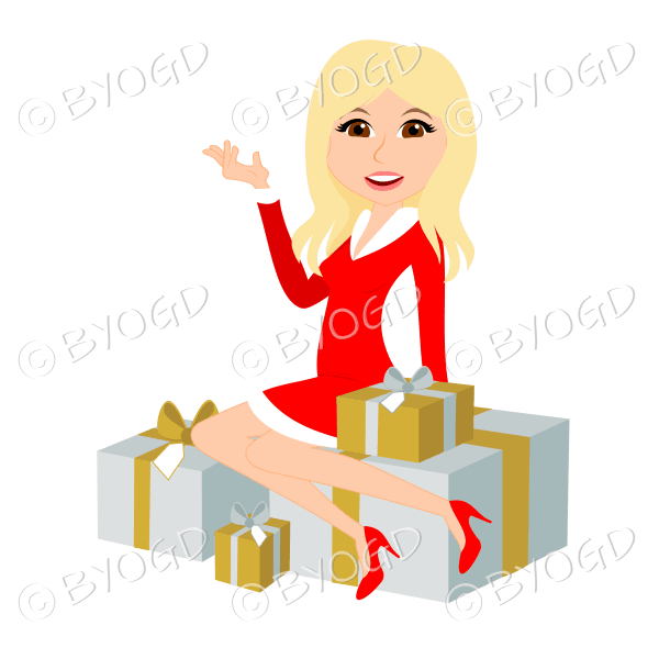 Christmas woman Santa with long blonde hair sitting on silver and gold gifts