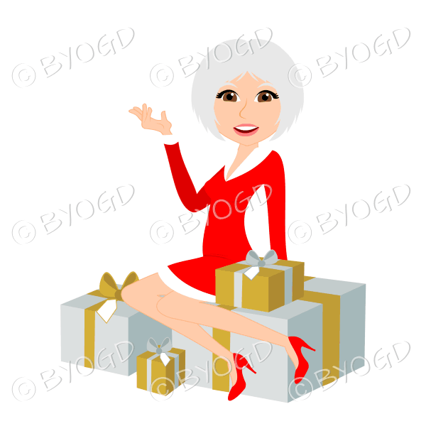 Christmas woman Santa with medium length silver grey hair sitting on silver and gold gifts