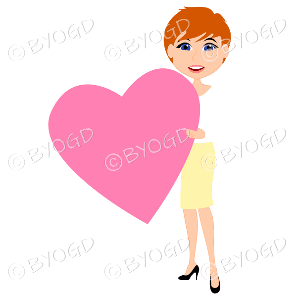 Woman in yellow with short red/ginger hair with pink valentine day heart