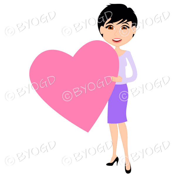 Woman in purple with short black hair with pink valentine day heart