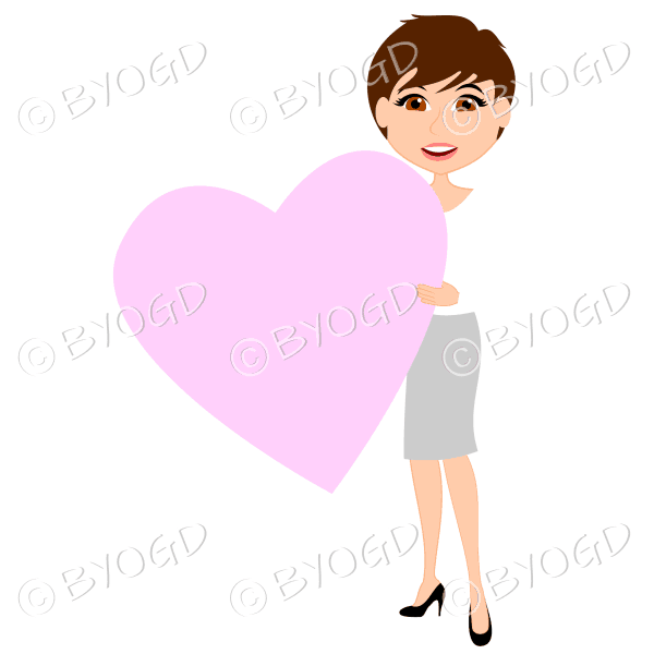 Woman in grey and white with short brown hair with pink valentine day heart