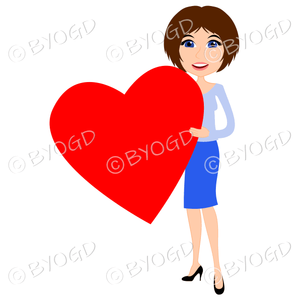Woman in blue with short brown hair with red valentine day heart