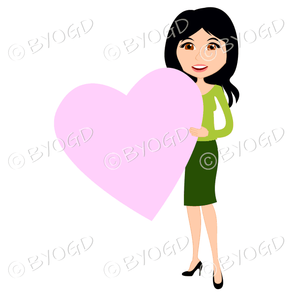 Woman in green with long black hair with pink valentine day heart