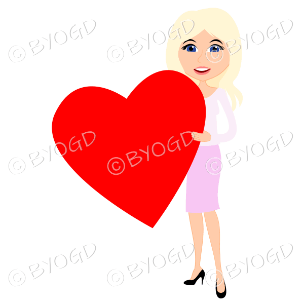 Woman in pink with long blonde hair with red valentine day heart