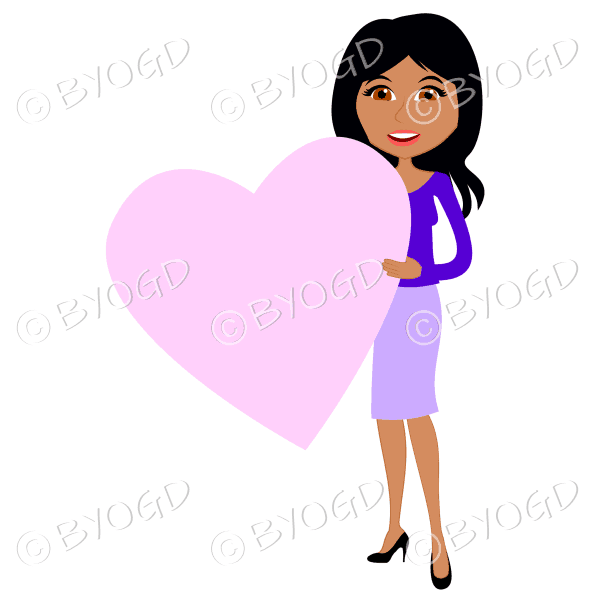 Woman in purple with long black hair with pink valentine day heart