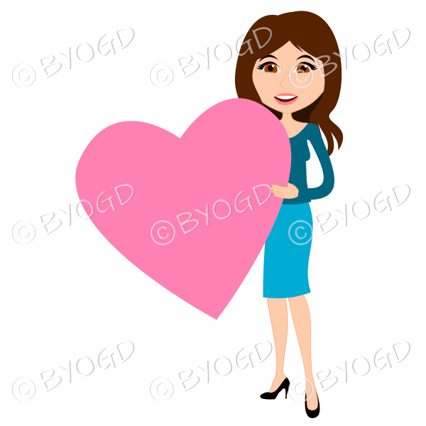 Woman in turquoise blue with long brown hair with pink valentine day heart