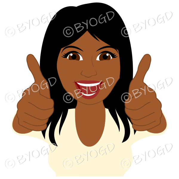 Thumbs up woman with long black hair and yellow top