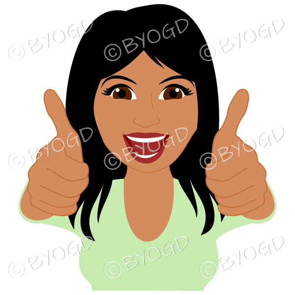 Thumbs up woman with long black hair and green top