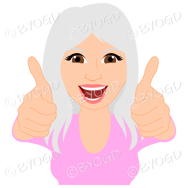 Thumbs up woman with long silver grey hair and pink top