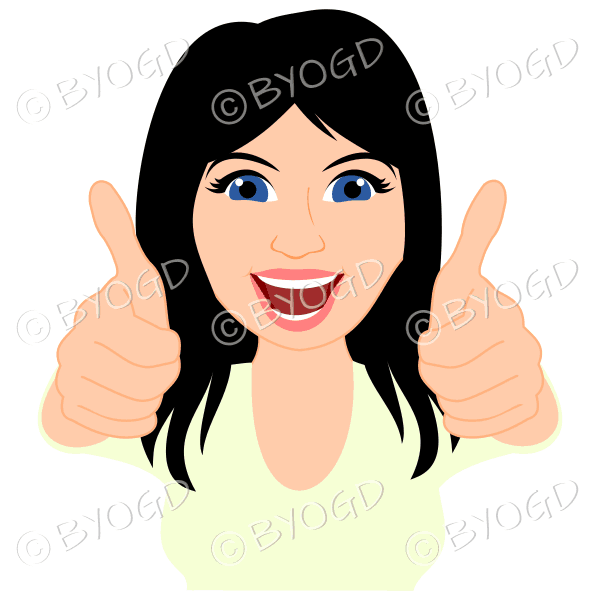 Thumbs up woman with long black hair and cream top