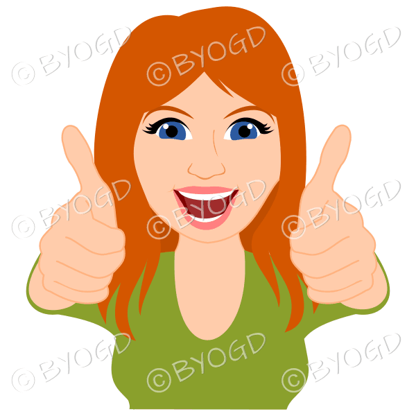 Thumbs up woman with long ginger red hair and green top