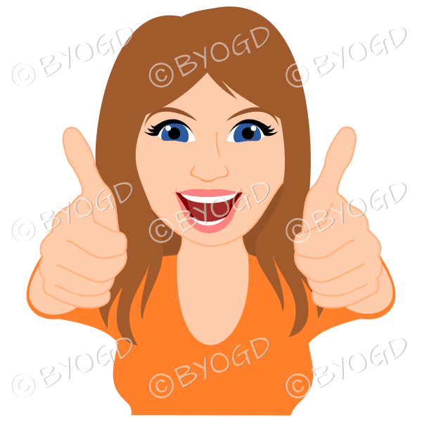 Thumbs up woman with long brown hair and orange top